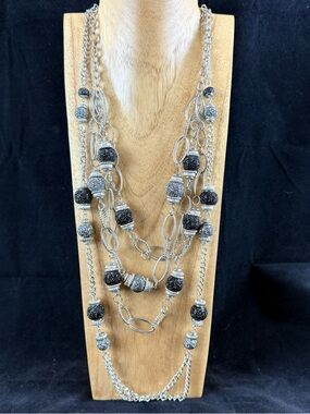 Two Multi-Strand Silver Necklaces with Black and Silver Beads - Women's Jewelry